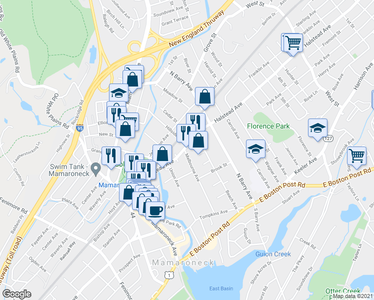 map of restaurants, bars, coffee shops, grocery stores, and more near 501 Halstead Avenue in Mamaroneck