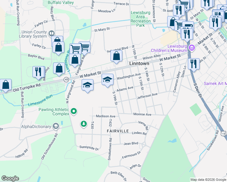 map of restaurants, bars, coffee shops, grocery stores, and more near 243 South 19th Street in Lewisburg