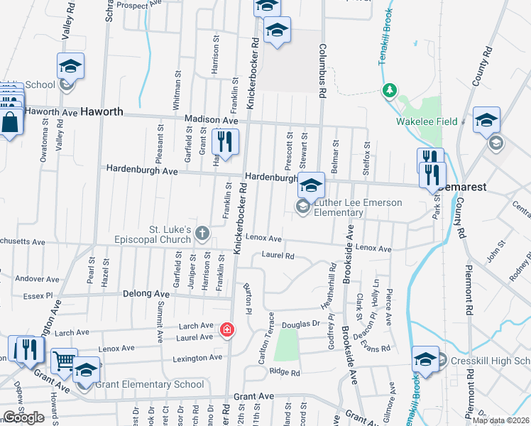 map of restaurants, bars, coffee shops, grocery stores, and more near 15 Woodland Road in Demarest