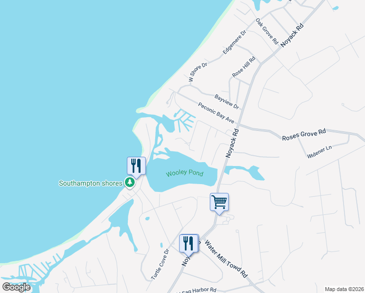 map of restaurants, bars, coffee shops, grocery stores, and more near 5 Edgemere Drive in Southampton