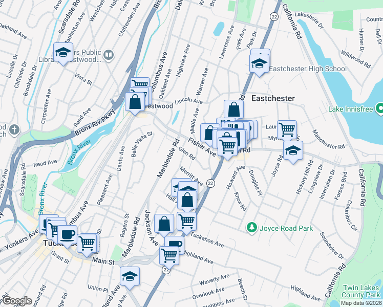 map of restaurants, bars, coffee shops, grocery stores, and more near 9 Maple Avenue in Eastchester