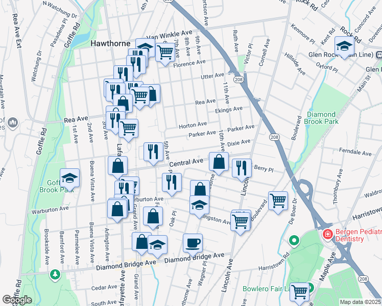 map of restaurants, bars, coffee shops, grocery stores, and more near 42 Dixie Avenue in Hawthorne