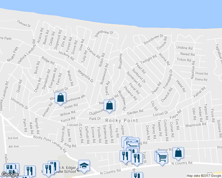 map of restaurants, bars, coffee shops, grocery stores, and more near 174 Broadway in Rocky Point