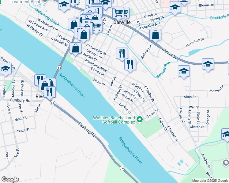 map of restaurants, bars, coffee shops, grocery stores, and more near 548 Grand Street in Danville