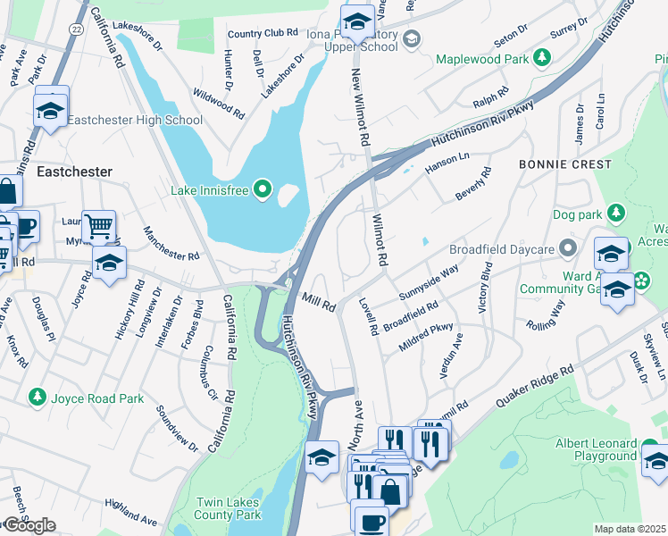 map of restaurants, bars, coffee shops, grocery stores, and more near 21 Stony Gate Oval in New Rochelle