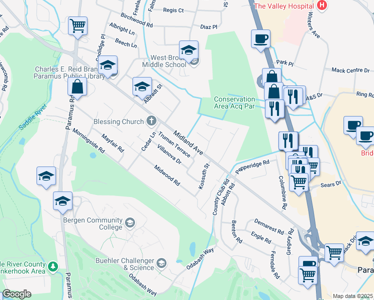 map of restaurants, bars, coffee shops, grocery stores, and more near 155 Truman Terrace in Paramus