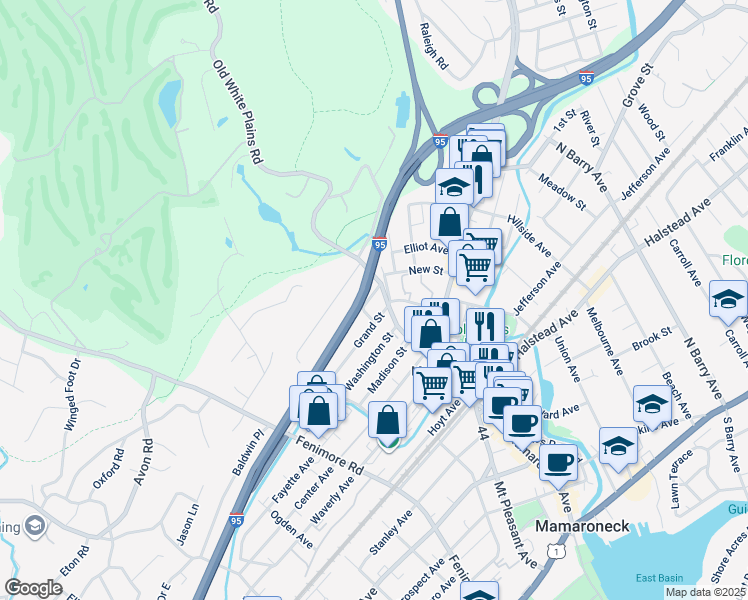 map of restaurants, bars, coffee shops, grocery stores, and more near 116 Pelham Street in Mamaroneck