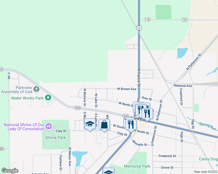 map of restaurants, bars, coffee shops, grocery stores, and more near 200 West Brown Avenue in Carey