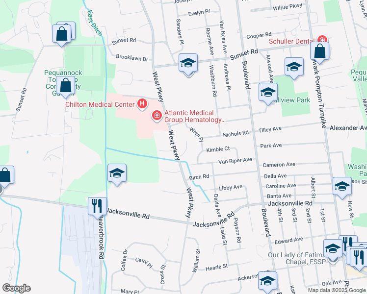 map of restaurants, bars, coffee shops, grocery stores, and more near 8 Arnold Court in Pequannock Township