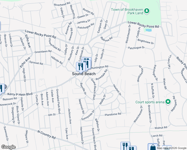 map of restaurants, bars, coffee shops, grocery stores, and more near 28 Whitestone Road in Sound Beach