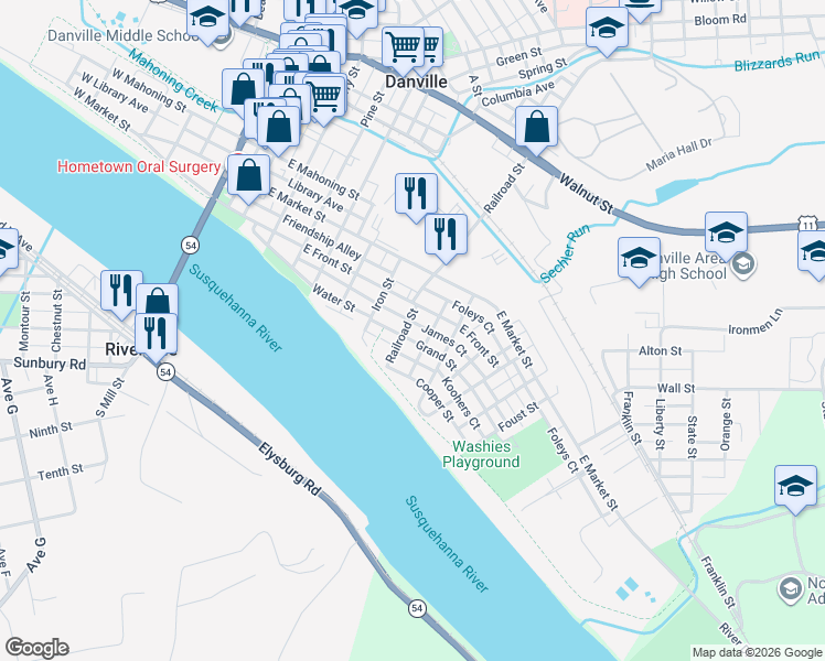 map of restaurants, bars, coffee shops, grocery stores, and more near 119 Grand Street in Danville
