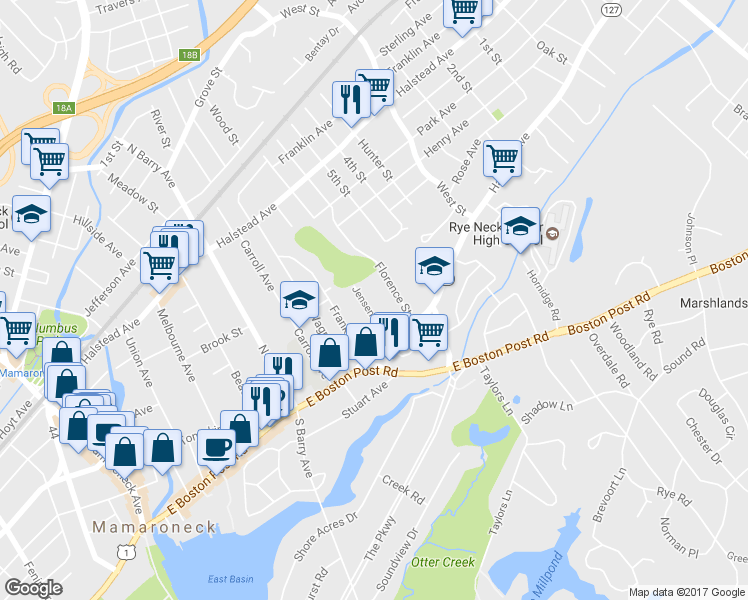 map of restaurants, bars, coffee shops, grocery stores, and more near 207 Jensen Avenue in Mamaroneck
