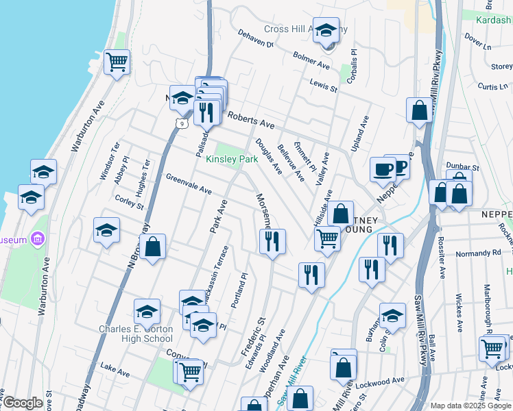 map of restaurants, bars, coffee shops, grocery stores, and more near 129 Greenvale Avenue in Yonkers