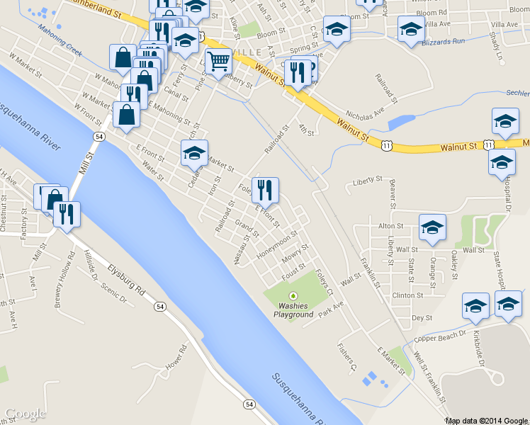 map of restaurants, bars, coffee shops, grocery stores, and more near 712 East Front Street in Danville