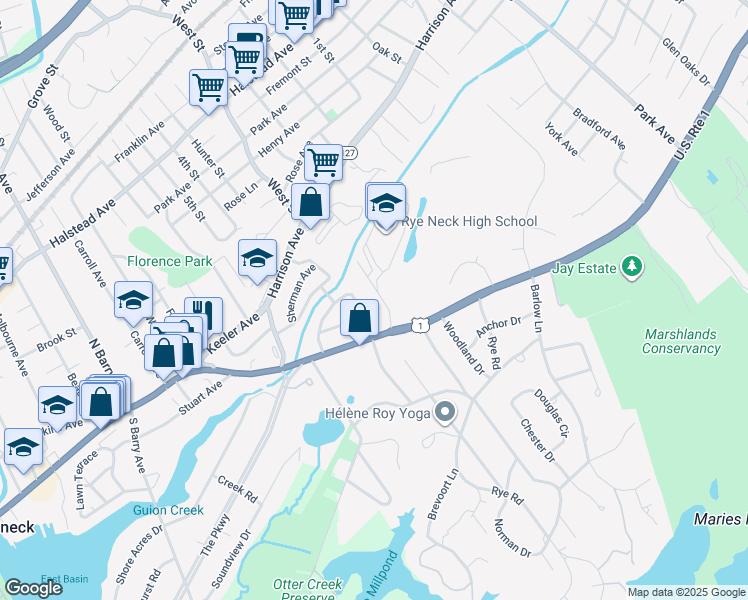 map of restaurants, bars, coffee shops, grocery stores, and more near 317 Hornidge Road in Mamaroneck