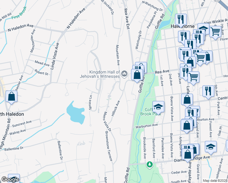 map of restaurants, bars, coffee shops, grocery stores, and more near 88 Metro Vista Drive in Hawthorne