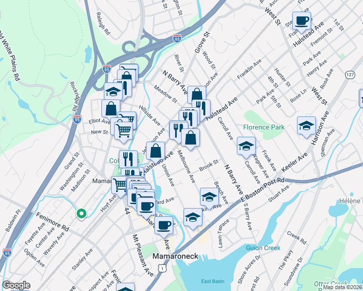 map of restaurants, bars, coffee shops, grocery stores, and more near 501 Halstead Avenue in Mamaroneck