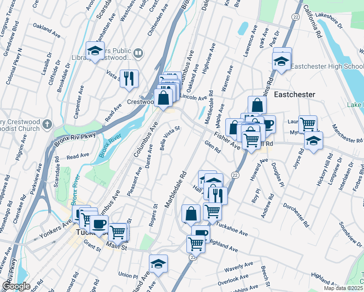 map of restaurants, bars, coffee shops, grocery stores, and more near 198 Alpine Place in Tuckahoe