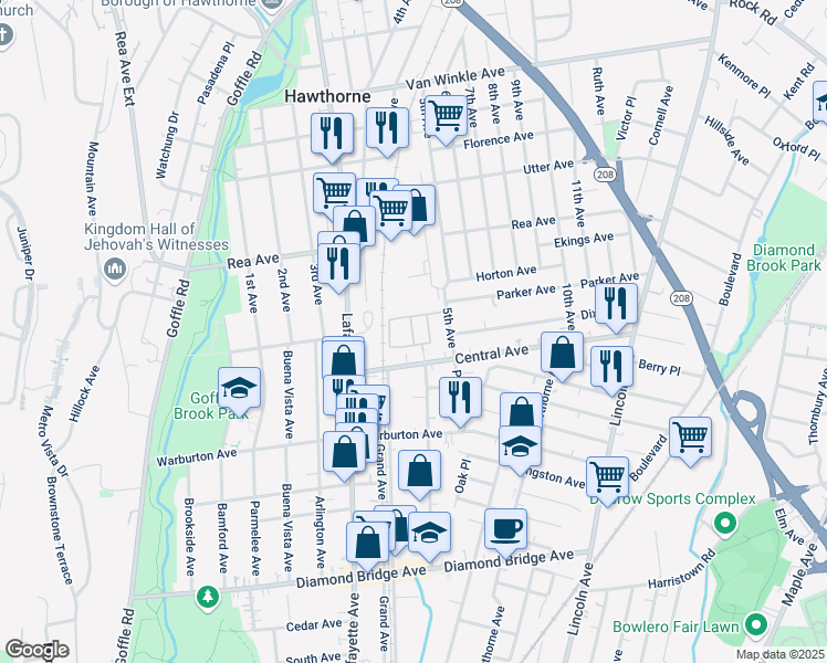 map of restaurants, bars, coffee shops, grocery stores, and more near 177 Forest Avenue in Hawthorne