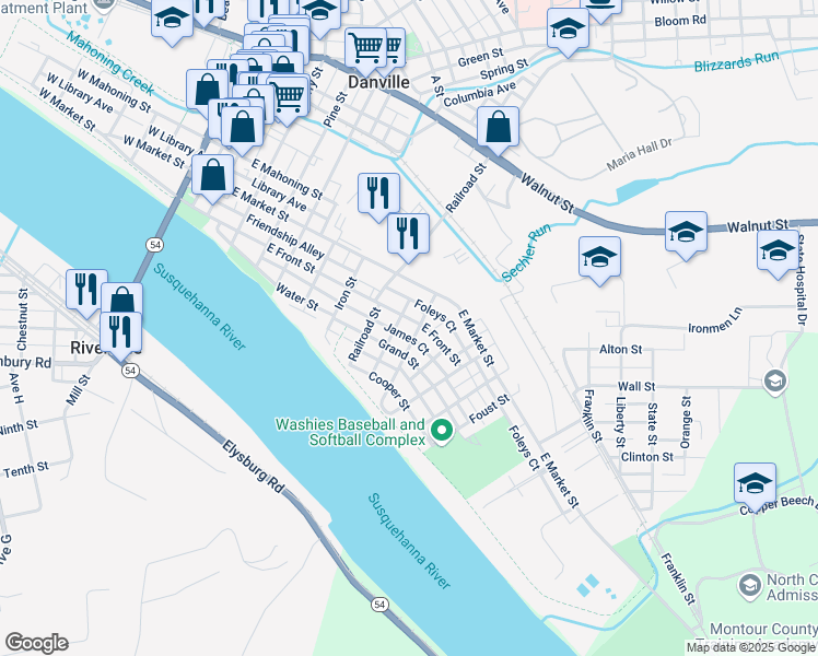 map of restaurants, bars, coffee shops, grocery stores, and more near 676 East Front Street in Danville