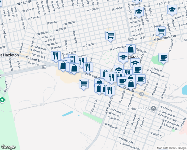 map of restaurants, bars, coffee shops, grocery stores, and more near 423 Pennsylvania 93 in Hazleton