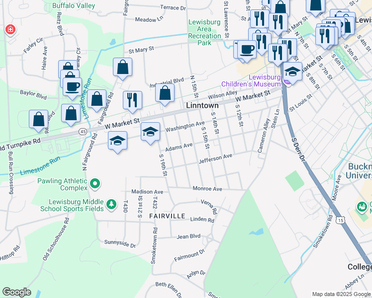 map of restaurants, bars, coffee shops, grocery stores, and more near 1617 Adams Avenue in Lewisburg