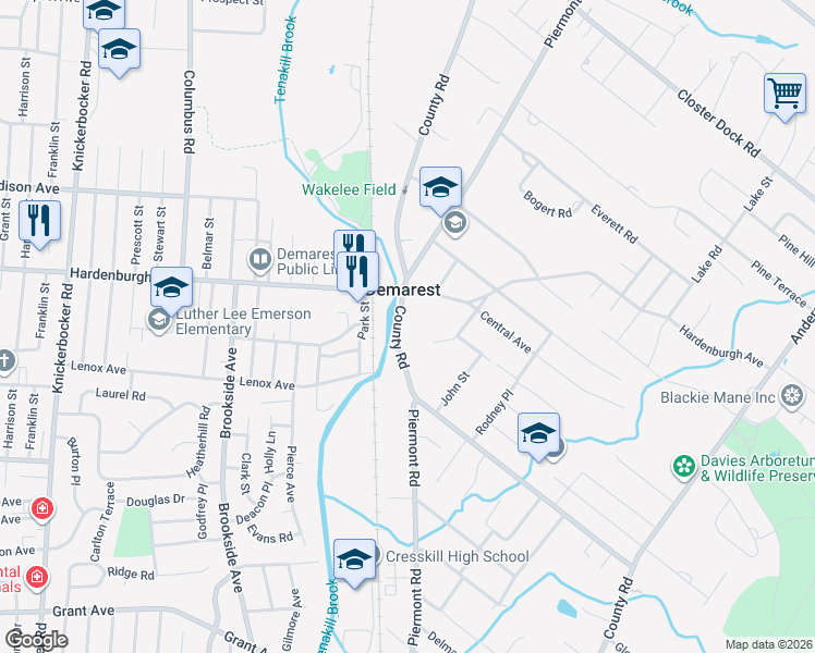 map of restaurants, bars, coffee shops, grocery stores, and more near 218 County Road in Demarest
