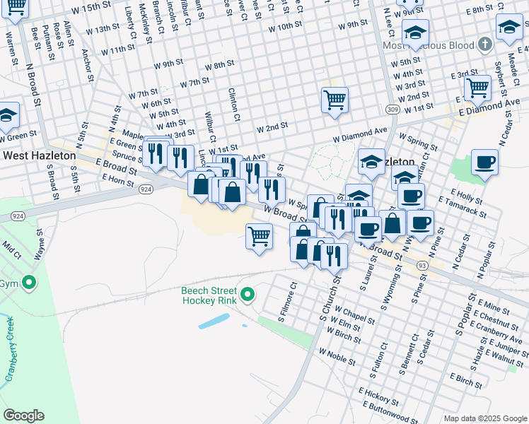 map of restaurants, bars, coffee shops, grocery stores, and more near 466 West Broad Street in Hazleton