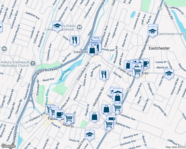 map of restaurants, bars, coffee shops, grocery stores, and more near 104 Bella Vista Street in Tuckahoe