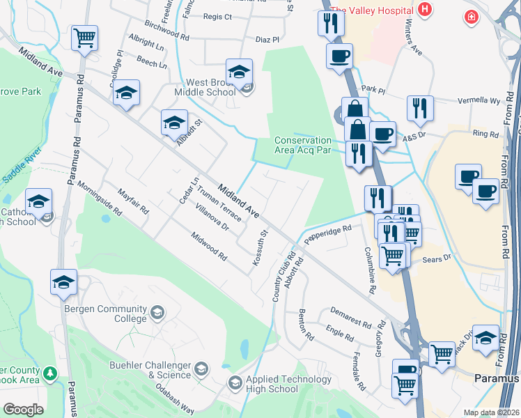 map of restaurants, bars, coffee shops, grocery stores, and more near 491 Tether Lane in Paramus