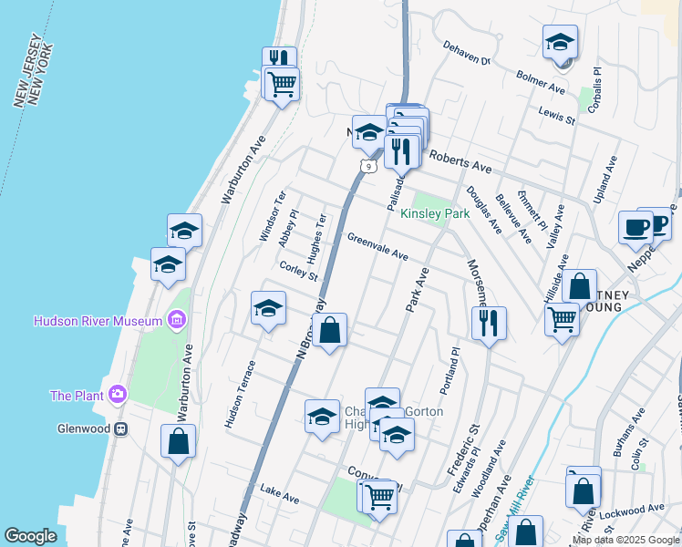 map of restaurants, bars, coffee shops, grocery stores, and more near 630 North Broadway in Yonkers