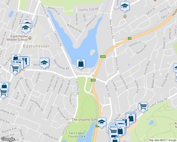 map of restaurants, bars, coffee shops, grocery stores, and more near 73 Waterside Close in Eastchester