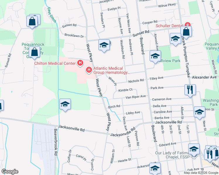 map of restaurants, bars, coffee shops, grocery stores, and more near 8 Arnold Court in Pequannock Township