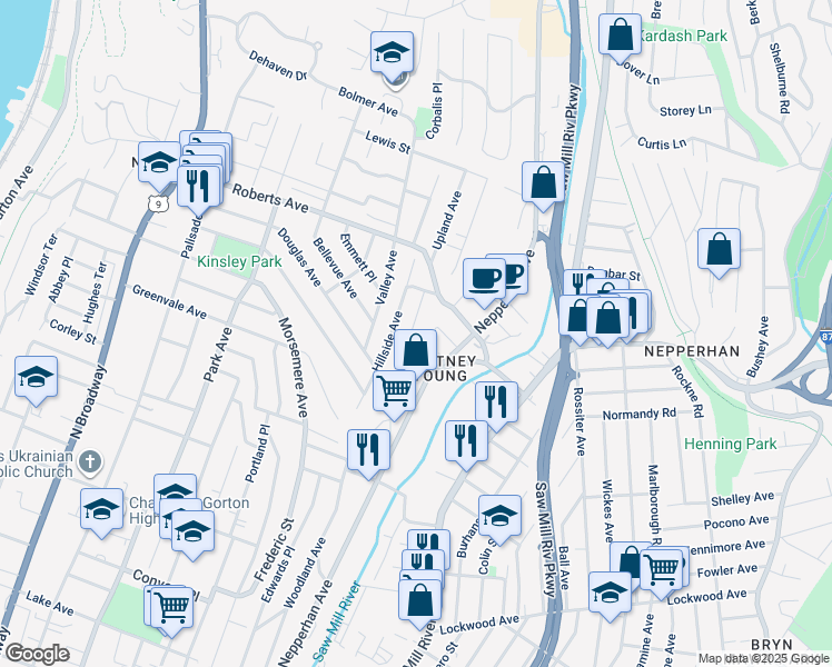 map of restaurants, bars, coffee shops, grocery stores, and more near 262 Mary Lou Avenue in Yonkers