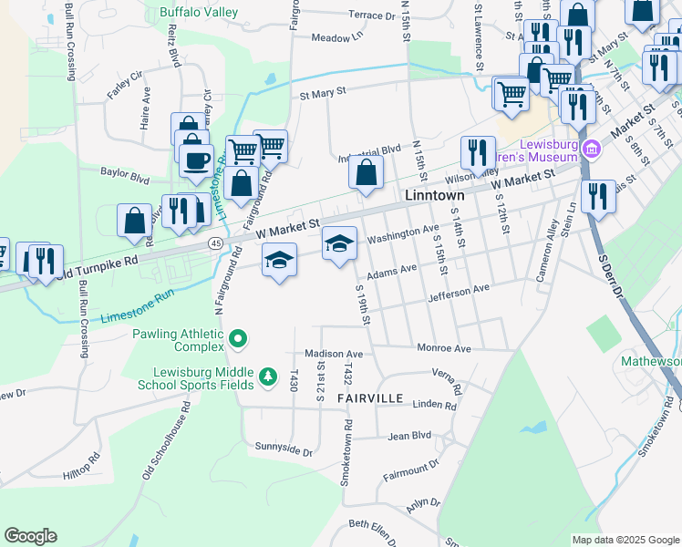 map of restaurants, bars, coffee shops, grocery stores, and more near 1951 Washington Avenue in Lewisburg