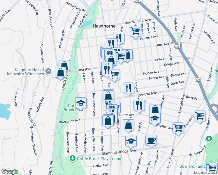map of restaurants, bars, coffee shops, grocery stores, and more near 87 Vreeland Avenue in Hawthorne