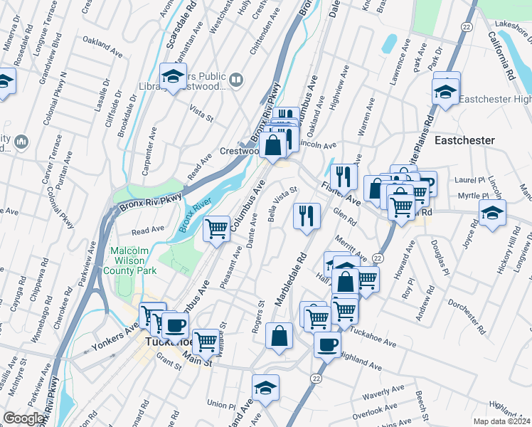 map of restaurants, bars, coffee shops, grocery stores, and more near 104 Bella Vista Street in Tuckahoe