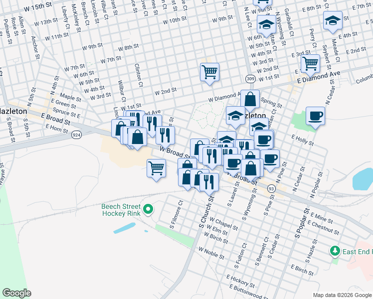 map of restaurants, bars, coffee shops, grocery stores, and more near 360 Spruce Street in Hazleton