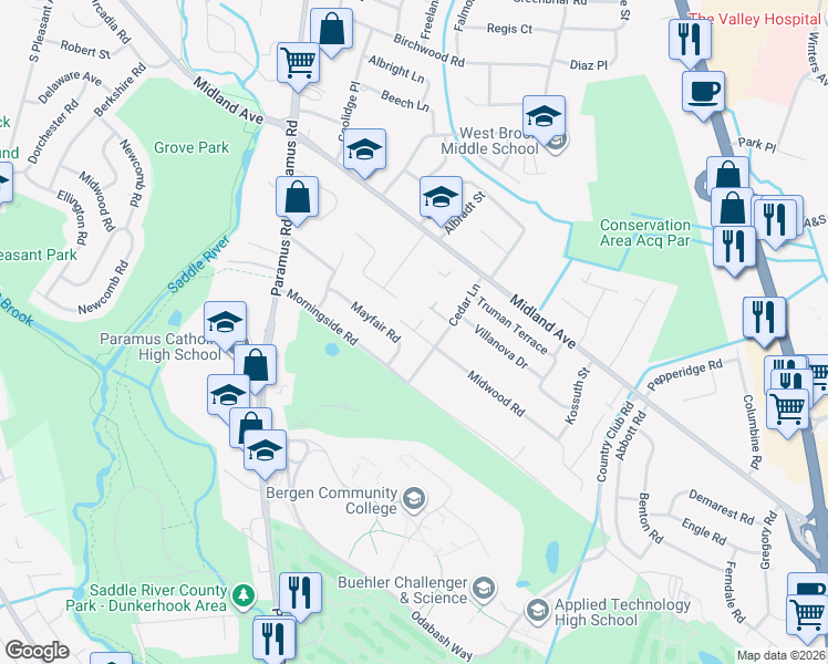 map of restaurants, bars, coffee shops, grocery stores, and more near 220 Midwood Road in Paramus