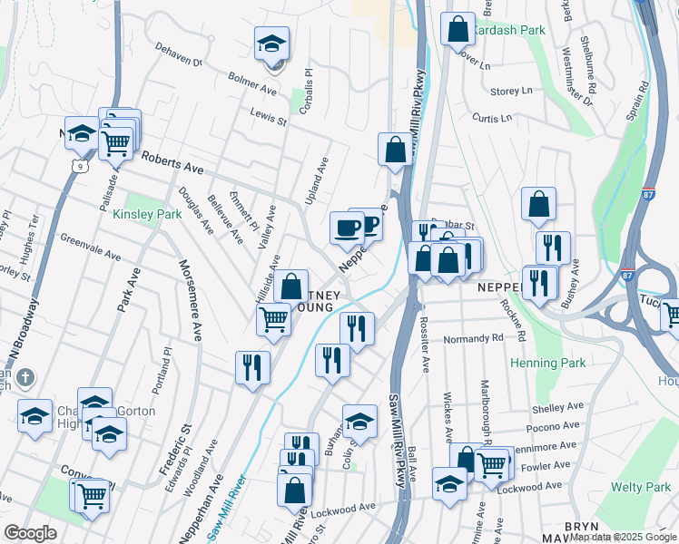 map of restaurants, bars, coffee shops, grocery stores, and more near Nepperhan Ave & Roberts Ave in Yonkers