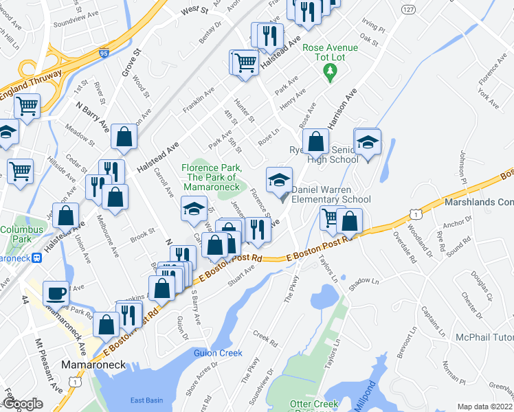 map of restaurants, bars, coffee shops, grocery stores, and more near 130 Florence Street in Mamaroneck