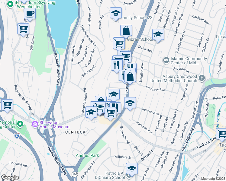 map of restaurants, bars, coffee shops, grocery stores, and more near 3 Sadore Lane in Yonkers