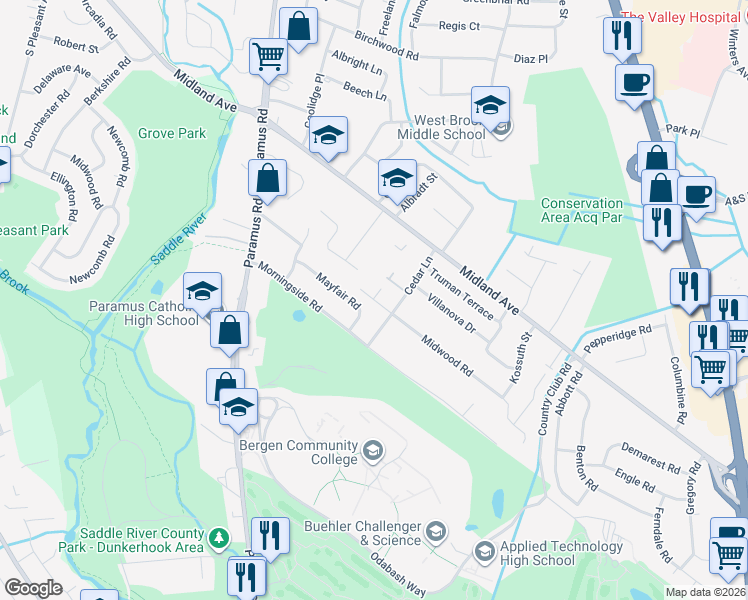 map of restaurants, bars, coffee shops, grocery stores, and more near 220 Midwood Road in Paramus
