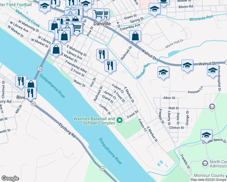 map of restaurants, bars, coffee shops, grocery stores, and more near 700 East Front Street in Danville