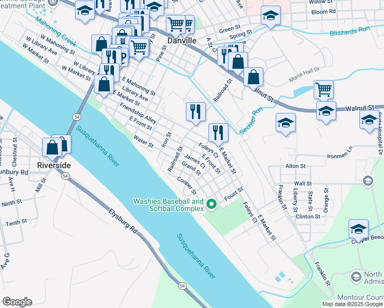 map of restaurants, bars, coffee shops, grocery stores, and more near 656 East Front Street in Danville