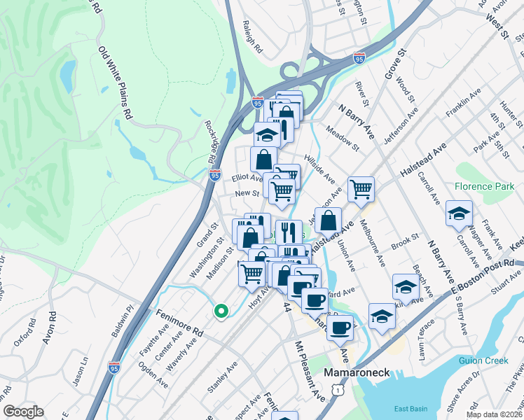 map of restaurants, bars, coffee shops, grocery stores, and more near 737 Mamaroneck Avenue in Mamaroneck