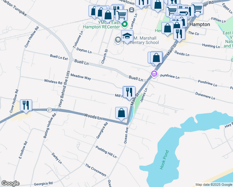 map of restaurants, bars, coffee shops, grocery stores, and more near 28 Mill Hill Lane in East Hampton