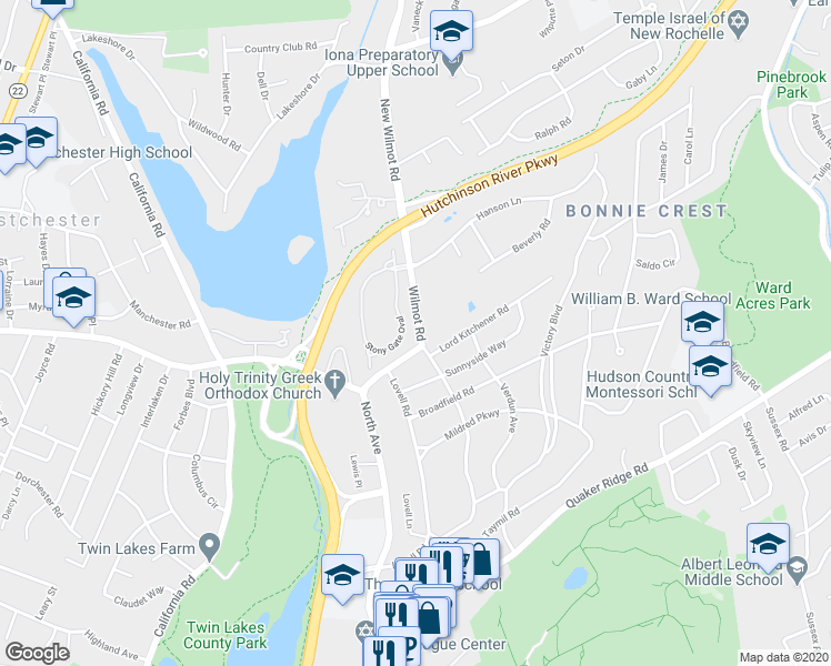 map of restaurants, bars, coffee shops, grocery stores, and more near 50 Wilmot Road in New Rochelle