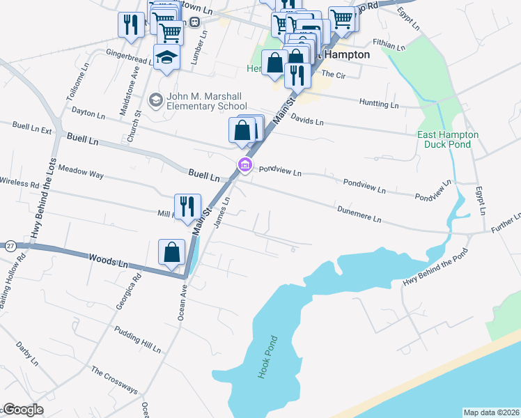 map of restaurants, bars, coffee shops, grocery stores, and more near 23 Maidstone Lane in East Hampton