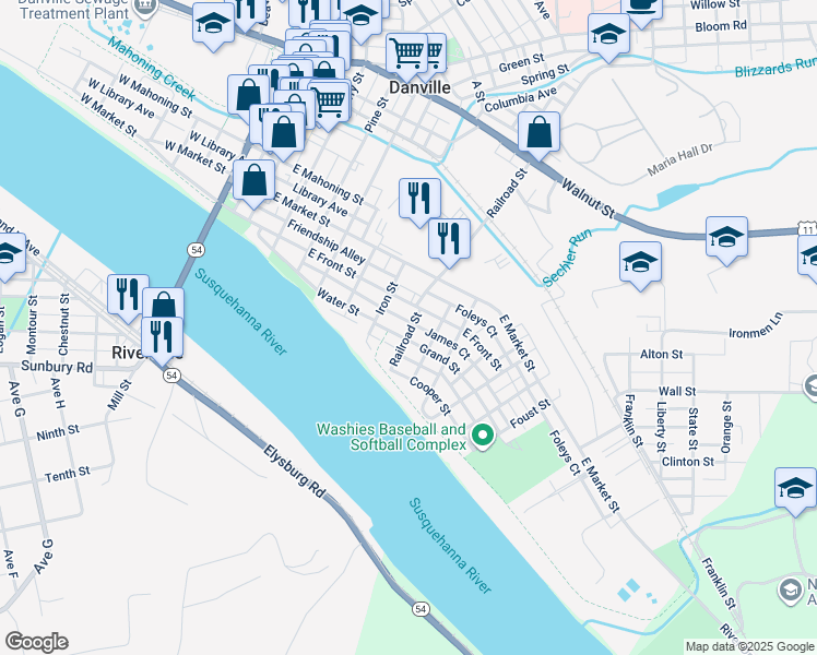 map of restaurants, bars, coffee shops, grocery stores, and more near 125 Railroad Street in Danville